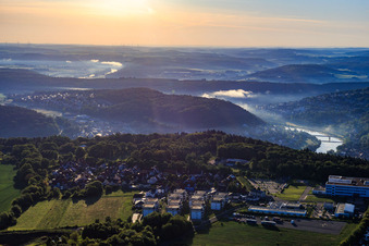 Aerial view of View from the south from the Wartberg into the Main valley in the morning in Wertheim in the state Baden-Wuerttemberg, Germany