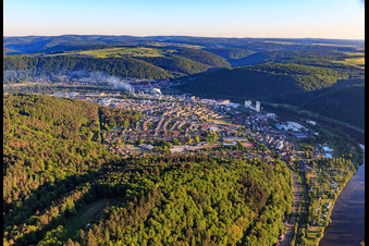 Aerial view of View from the south in a loop of the Main in the district Bestenheid in Wertheim in the state Baden-Wuerttemberg, Germany