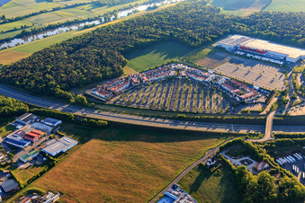 Aerial photograpy of Outlet Wertheim Village with adidas Outlet Store Wertheim, Nike Factory Store and AIGNER Outlet Wertheim in the district Bettingen in Wertheim in the state Baden-Wuerttemberg, Germany