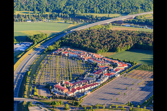 Outlet Wertheim Village with adidas Outlet Store Wertheim, Nike Factory Store and AIGNER Outlet Wertheim in the district Bettingen in Wertheim in the state Baden-Wuerttemberg, Germany from above