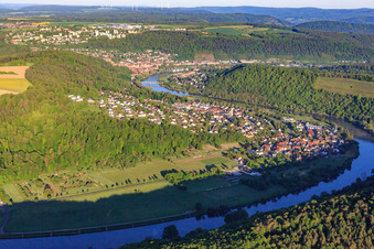 View of the town on the Main from the east in the district Eichel in Wertheim in the state Baden-Wuerttemberg, Germany