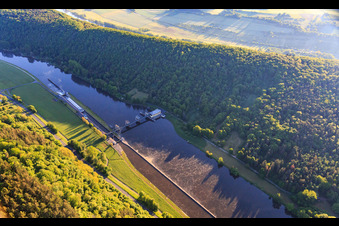 Aerial view of Eichel am Main hydroelectric power plant in Kreuzwertheim in the state Bavaria, Germany