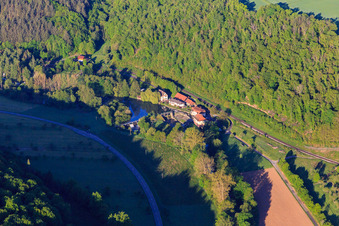 Aerial view of Teilbacher Mill on the Tauber in the district Waldenhausen in Wertheim in the state Baden-Wuerttemberg, Germany