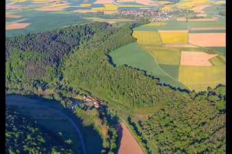 Aerial photograpy of Teilbacher Mill on the Tauber in the district Waldenhausen in Wertheim in the state Baden-Wuerttemberg, Germany