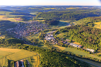 View of the town from the north in the morning with the industrial area Zum Schlag with Rekuplast GmbH, Uebe Medical GmbH and TFA Dostmann GmbH & Co. KG in the district Waldenhausen in Wertheim in the state Baden-Wuerttemberg, Germany