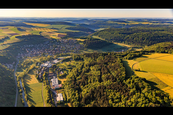 View of the town from the north in the morning with the industrial area Zum Schlag with Rekuplast GmbH, Uebe Medical GmbH and TFA Dostmann GmbH & Co. KG in the district Reicholzheim in Wertheim in the state Baden-Wuerttemberg, Germany