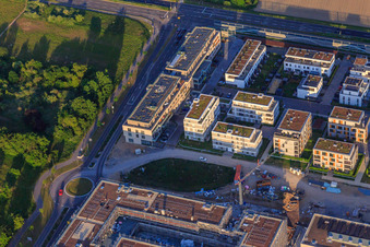 New buildings in Emil-Wachter-Straße with ASB Senior Center RheinLeben in the district Mörsch in Rheinstetten in the state Baden-Wuerttemberg, Germany