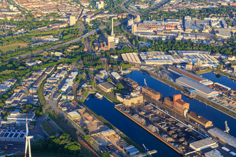 Rhine ports with Werftstraße and Municipal Power Plant and Combined Heat and Power Station West in the district Mühlburg in Karlsruhe in the state Baden-Wuerttemberg, Germany