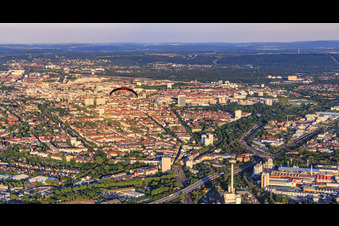 City view from the west with paraglider in the district Mühlburg in Karlsruhe in the state Baden-Wuerttemberg, Germany