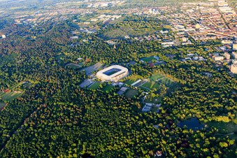 Football stadium BBBank Wildpark of the KSC - Karlsruher Sport-Club in the district Innenstadt-Ost in Karlsruhe in the state Baden-Wuerttemberg, Germany from above
