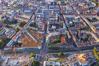 Market Square, Rondellplatz, Ettlinger Tor and Theaterbaustellele on Kriegsstr in the district Innenstadt-West in Karlsruhe in the state Baden-Wuerttemberg, Germany