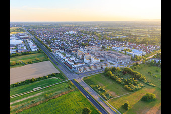 Aerial view of New buildings in Emil-Wachter-Straße with ASB Senior Center RheinLeben in the district Mörsch in Rheinstetten in the state Baden-Wuerttemberg, Germany