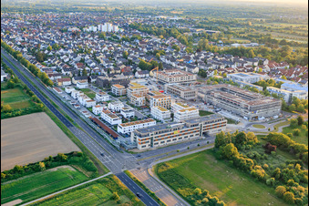 Aerial photograpy of New buildings in Emil-Wachter-Straße with ASB Senior Center RheinLeben in the district Mörsch in Rheinstetten in the state Baden-Wuerttemberg, Germany