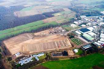 Aerial view of New building construction site in the industrial park Horst for Friedrich Zufall GmbH & Co. KG Internationale Spedition in the district Gewerbegebiet Horst in Kandel in the state Rhineland-Palatinate, Germany