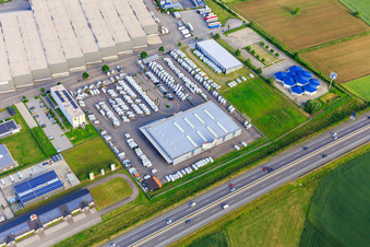 Industrial area on the A5. Krämer MEGA STORE Ettenheim and Ernst Caravan and Leisure Center GmbH in the district Orschweier in Mahlberg in the state Baden-Wuerttemberg, Germany
