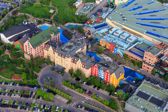 Aerial view of 4-star superior adventure hotel "Krønasår" in the Rulantica of Europa-Park Rust in Rust in the state Baden-Wuerttemberg, Germany