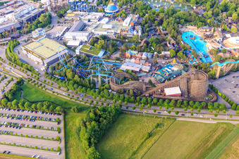Blue fire Megacoaster, Atlantica SuperSplash and WODAN – Timburcoaster of Europapark Rust in Rust in the state Baden-Wuerttemberg, Germany