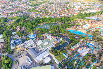 Overview of the classic part with Fjord Rafting and Blue Fire Megacoaster of Europapark Rust in Rust in the state Baden-Wuerttemberg, Germany