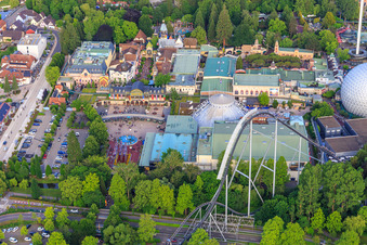 Main entrance with Europa-Park Dome and EP-Express station "Alexanderplatz" of Europa-Park Rust in Rust in the state Baden-Wuerttemberg, Germany