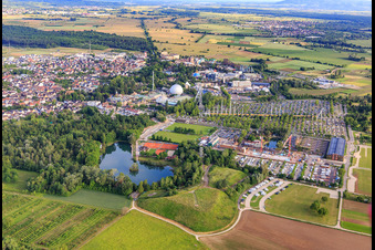 View of Europapark Rust from the north behind the bathing lake Rust (Allmendsee) - OG31 in Rust in the state Baden-Wuerttemberg, Germany