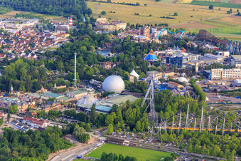 View from the north with Euro-Tower Eurosat - CanCan Coaster, Europa-Park Dome of Europapark Rust in Rust in the state Baden-Wuerttemberg, Germany