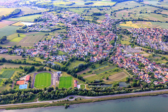 View of the town on the Rhine with Tennis Club Rhinau and Football Club de Rhinau - FCR in Rhinau in the state Bas-Rhin, France