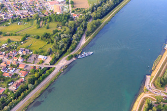 Aerial view of Ferry Rhinau-Kappel across the Rhine in Rhinau in the state Bas-Rhin, France