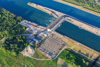 Aerial view of Rhine lock with transformer station and hydroelectric power plant Marckolsheim of EDF in Marckolsheim in the state Bas-Rhin, France