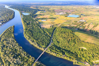 Rhine bridge and tip of the Rhine island between the canal and the Rhine in Sasbach am Kaiserstuhl in the state Baden-Wuerttemberg, Germany
