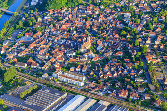 Aerial view of City overview at the Leopold Canal from the north in Riegel am Kaiserstuhl in the state Baden-Wuerttemberg, Germany