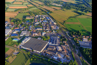 Aerial view of Gewerbestraße industrial area with Kemmler Baustoffhandel, Rhenus Data Office and Scheerer Logistik GmbH & Co. KG in Malterdingen in the state Baden-Wuerttemberg, Germany
