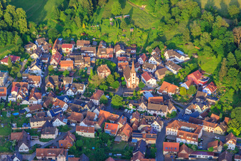 View of the wine-growing village with the church of St. Gallus from the west in the district Heimbach in Teningen in the state Baden-Wuerttemberg, Germany