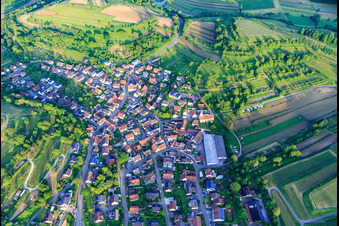 Aerial view of Village view with Abdeckfuchs24 GmbH and St. Sebastian Church in the district Bombach in Kenzingen in the state Baden-Wuerttemberg, Germany