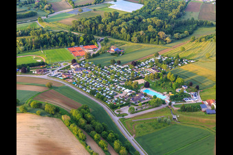 Aerial view of Campingpark Oase at the Carl-Hermann-Jäger outdoor pool and tennis club Ettenheim eV in Ettenheim in the state Baden-Wuerttemberg, Germany