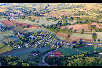Aerial photograpy of Campingpark Oase at the Carl-Hermann-Jäger outdoor pool and tennis club Ettenheim eV in Ettenheim in the state Baden-Wuerttemberg, Germany