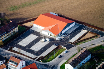 Oblique view of New Netto market building in Kandel in the state Rhineland-Palatinate, Germany