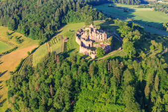 Aerial photograpy of Fortress ruins Hochburg near Emmendingen from the north in the district Windenreute in Emmendingen in the state Baden-Wuerttemberg, Germany