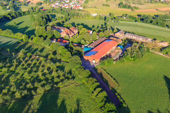Aerial view of Hofgut Domäne Hochburg and information room in the fortified tower in the district Windenreute in Emmendingen in the state Baden-Wuerttemberg, Germany