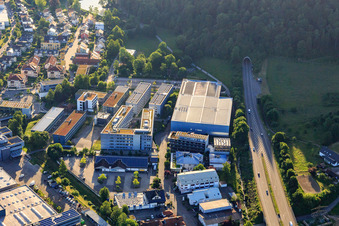 Aerial view of Industrial area with SICK AG in Waldkirch in the state Baden-Wuerttemberg, Germany