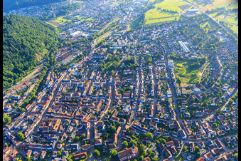Aerial view of City center from the southwest in Waldkirch in the state Baden-Wuerttemberg, Germany