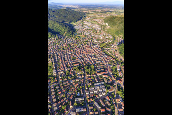 Aerial view of City overview from the northeast in Waldkirch in the state Baden-Wuerttemberg, Germany