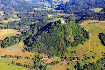 Aerial view of Castle ruins Hohengeroldseck on the Schloßberg from the south in Seelbach in the state Baden-Wuerttemberg, Germany