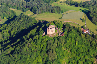 Aerial photograpy of Castle ruins Hohengeroldseck on the Schloßberg from the south in Seelbach in the state Baden-Wuerttemberg, Germany