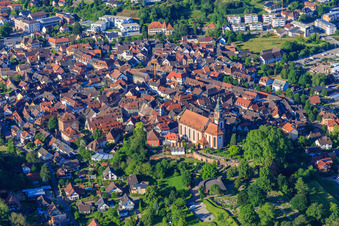 Aerial view of Baroque old town behind the Church of St. Bartholomew in Ettenheim in the state Baden-Wuerttemberg, Germany