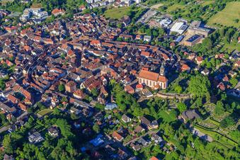Aerial photograpy of Baroque old town behind the Church of St. Bartholomew in Ettenheim in the state Baden-Wuerttemberg, Germany