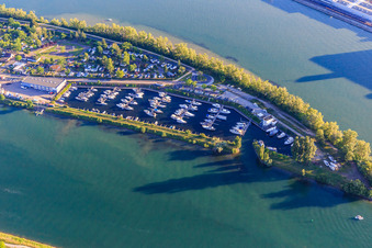 Aerial view of Port de plaisance - Fuchs Hafen - Marina sur l'Île du Rhin: Yacht harbor of the Nautic Club Ile Du Rhin on the Rhine in Biesheim in the state Haut-Rhin, France