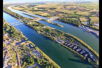 Rhine island with lock, Rhine bridge, marina in Vogelgrun in the state Haut-Rhin, France