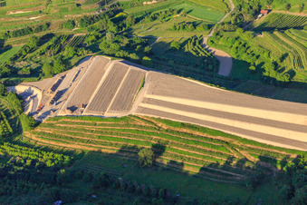 Aerial view of Construction site for the re-leveling of the terraced vineyard in the district Bickensohl in Vogtsburg im Kaiserstuhl in the state Baden-Wuerttemberg, Germany