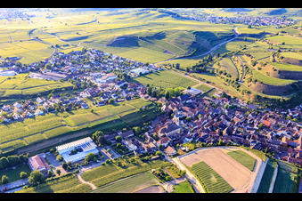 Eisentalstraße with St. John the Baptist Church and Wilhelm Hildenbrand School in the district Oberrotweil in Vogtsburg im Kaiserstuhl in the state Baden-Wuerttemberg, Germany