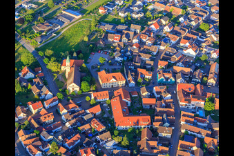 Aerial view of St. Blasius Church and BeneVit Haus Rheinaue nursing home in Wyhl am Kaiserstuhl in the state Baden-Wuerttemberg, Germany